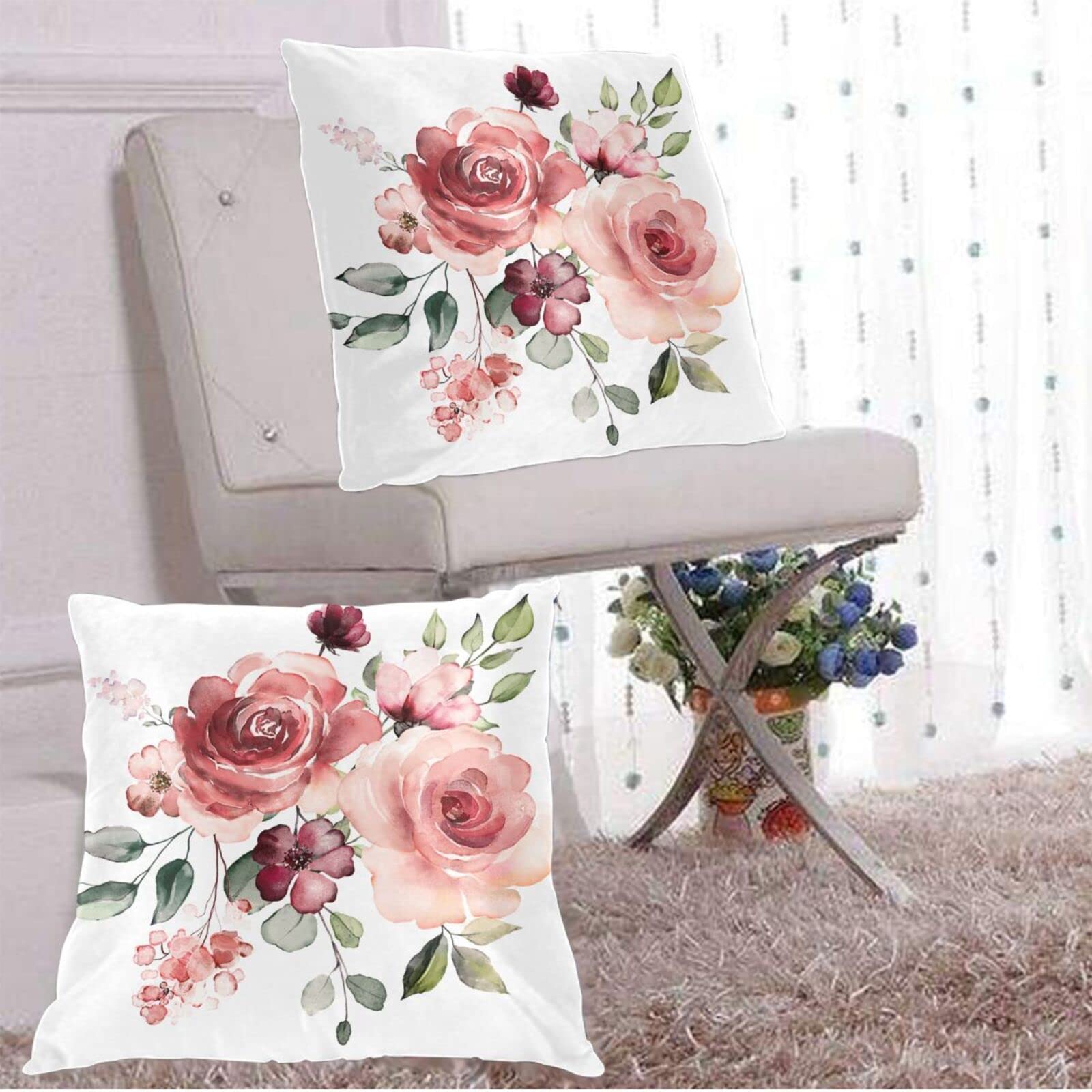 Amazon.co.jp: クッションカバー 2点セット 薔薇 バラ 花 水彩画 上品